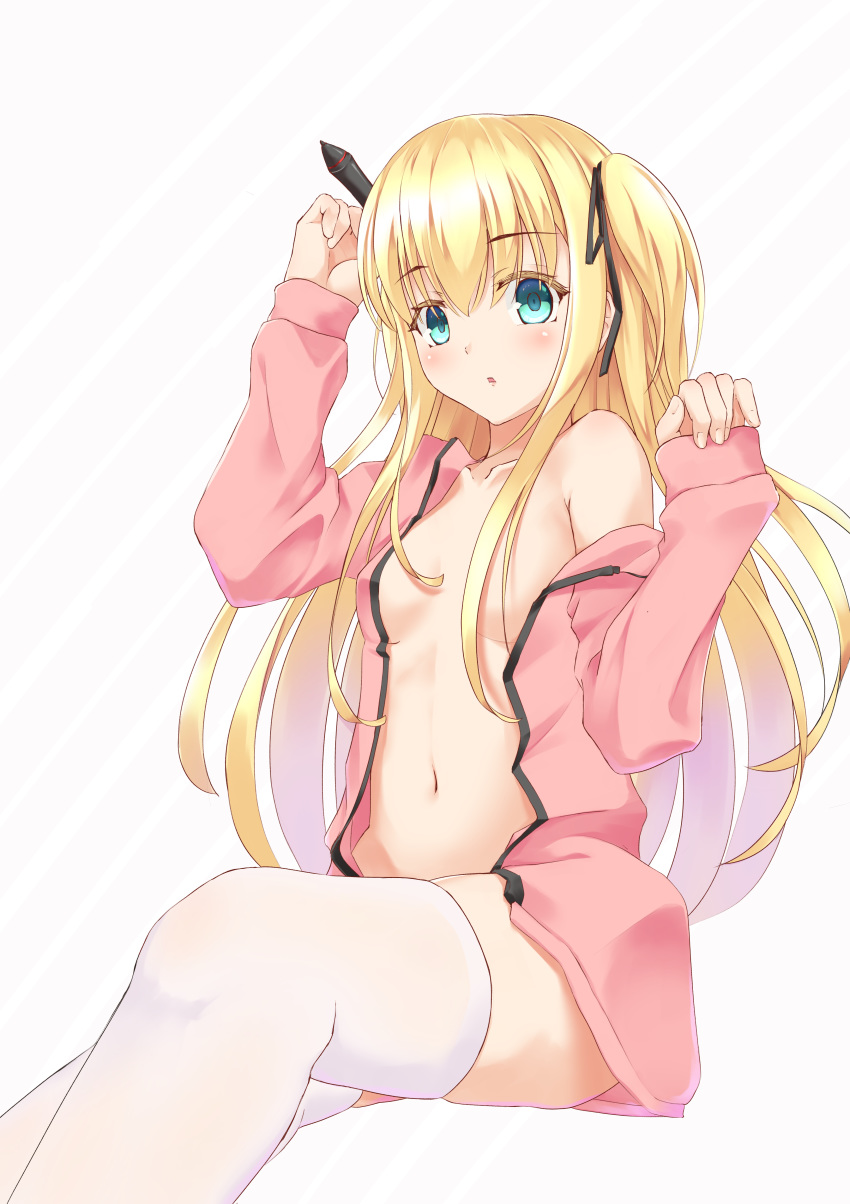 1girl absurdres bangs black_ribbon blonde_hair blue_eyes blush borrowed_character collarbone eyebrows_visible_through_hair hair_between_eyes hair_censor hair_over_breasts hair_ribbon highres holding holding_pen invisible_chair light_(sdga5524) long_hair naked_shirt navel off_shoulder open_clothes open_shirt original pen pink_shirt ribbon shimotsuki_potofu shiny shiny_hair shirt simple_background sitting solo thighhighs twintails very_long_hair white_background white_legwear