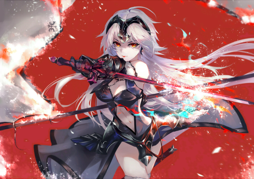 1girl armor armored_dress black_dress black_gloves breasts chain cleavage closed_mouth cowboy_shot dress fate/grand_order fate_(series) faulds floating_hair gloves highres holding holding_sword holding_weapon jeanne_d'arc_(alter)_(fate) jeanne_d'arc_(fate)_(all) long_hair looking_at_viewer medium_breasts midriff navel navel_cutout orange_eyes red_background silver_hair sleeveless sleeveless_dress smile solo standing stomach sword vardan very_long_hair weapon