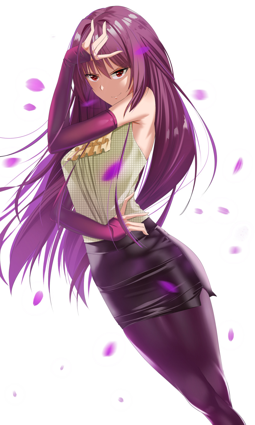 1girl absurdres bangs black_skirt blbc2 detached_sleeves dutch_angle fate/grand_order fate_(series) floating_hair full_body hair_between_eyes hair_intakes hand_in_hair highres long_hair long_sleeves looking_at_viewer miniskirt motion_blur panties pantyshot pencil_skirt petals purple_hair purple_legwear purple_sleeves red_eyes scathach_(fate)_(all) shiny shiny_hair shirt simple_background skirt sleeveless sleeveless_shirt solo standing straight_hair underwear very_long_hair white_background yellow_neckwear