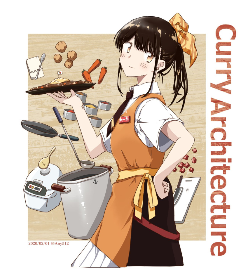 1girl any_(lucky_denver_mint) apron black_hair blush brown_eyes brown_neckwear brown_ribbon brown_skirt c2_kikan carrot collared_shirt curry curry_rice cutting_board food from_side frying_pan hair_ribbon hand_on_hip head_tilt highres holding holding_plate japanese_flag knife looking_at_viewer looking_to_the_side name_tag necktie orange_apron plate ponytail pork pot re-ka-chan ribbon rice rice_cooker shirt sidelocks skirt smile solo white_shirt