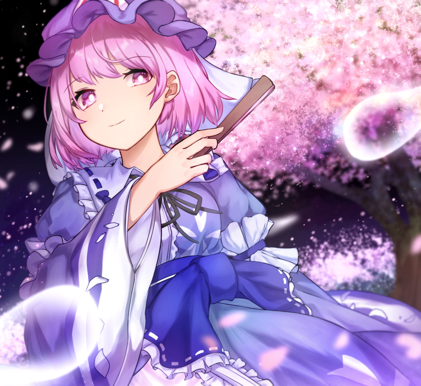 1girl black_neckwear blue_dress blue_kimono blue_ribbon bow breasts cherry_blossoms closed_mouth dress ears eyebrows eyebrows_visible_through_hair fan ghost glowing glowing_eyes highres hitodama holding holding_fan japanese_clothes kimono looking_at_viewer medium_breasts mozuno_(mozya_7) neckwear night night_sky open_eyes outdoors pink_eyes pink_hair ribbon saigyouji_yuyuko short_hair sky smile solo star_(sky) starry_sky touhou tree upper_body wide_sleeves wind