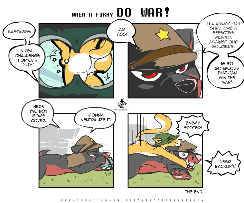 anthro binoculars butt canid canine canis comic dobermann domestic_cat domestic_dog felid feline felis furrythings hi_res humor male male/male mammal meme nonsense oneeyewolf oneeyewolf_(artist) parody pinscher random_humor red_eyes showing_hindquarters soldier surprise tank vehicle war warrior what wth yellow_body