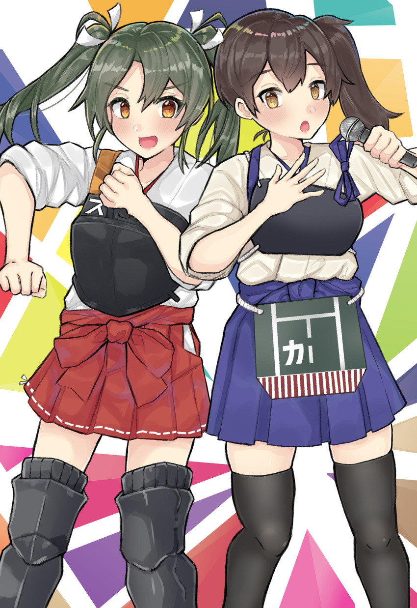 2girls boots brown_eyes brown_hair dokuganryuu green_hair hair_ribbon hakama_skirt highres japanese_clothes kaga_(kantai_collection) kantai_collection long_hair multiple_girls muneate open_mouth ribbon side_ponytail skirt tasuki thigh_boots thighhighs twintails yellow_eyes zui_zui_dance zuikaku_(kantai_collection)