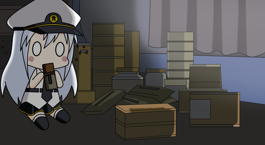 0_0 1girl absurdres azur_lane bangs belt black_belt black_footwear black_neckwear black_skirt blush_stickers can canned_food chibi commentary_request curtains eating enterprise_(azur_lane) food full_body hat highres holding holding_food indoors kinoko_(benitengudake) military_hat mre no_jacket peaked_cap rations shirt sitting skirt sleeveless sleeveless_shirt solo thighhighs underbust white_hair white_headwear white_shirt zettai_ryouiki