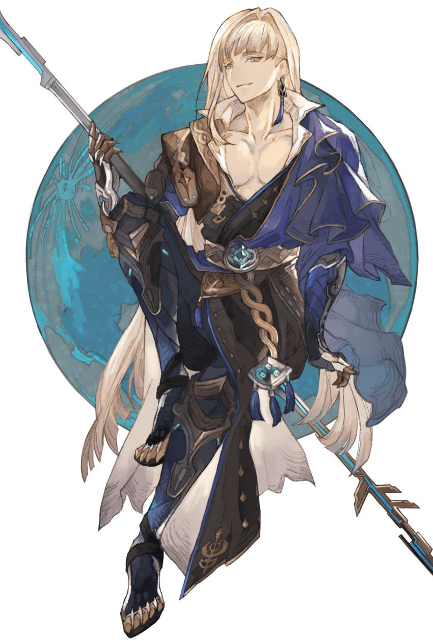 1boy belt blonde_hair blue_eyes cape cassius_(granblue_fantasy) collarbone granblue_fantasy highres long_hair male_focus moon mumu_vosp solo staff tassel_earrings