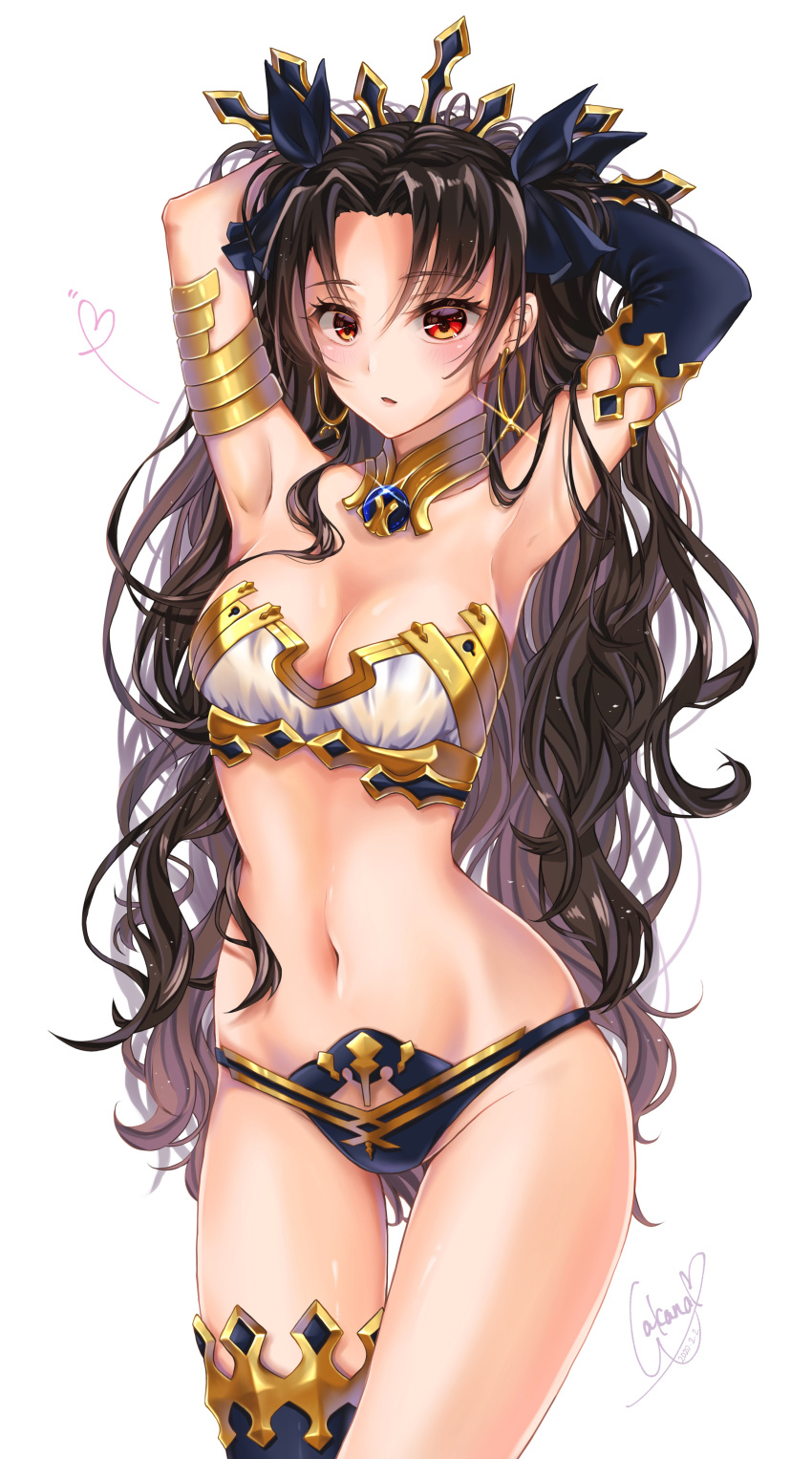 1girl absurdres armlet armpits arms_behind_head arms_up asymmetrical_legwear asymmetrical_sleeves bandeau bangs bare_shoulders black_bikini_bottom black_bow black_hair black_legwear blush bow breasts cleavage detached_collar detached_sleeves earrings fate/grand_order fate_(series) gold_trim hair_bow heart highres hoop_earrings ishtar_(fate)_(all) ishtar_(fate/grand_order) jewelry long_hair looking_at_viewer medium_breasts navel neck_ring parted_bangs red_eyes simple_background single_detached_sleeve single_thighhigh solo thighhighs thighlet thighs tiara two_side_up wakana_art white_background white_bikini_top