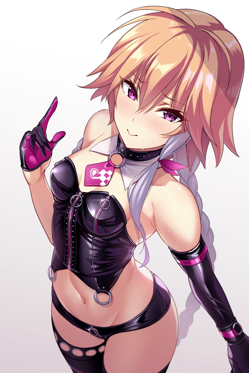 1girl bare_shoulders black_collar black_gloves black_legwear blush braid breasts closed_mouth collar corset crotch_zipper detached_collar from_above glint gloves gradient gradient_background groin hair_between_eyes half_gloves highres idolmaster idolmaster_cinderella_girls long_hair looking_at_viewer midriff mismatched_gloves multicolored_hair navel ninomiya_asuka nose_blush o-ring orange_hair pink_eyes pink_gloves pink_neckwear pointing pointing_up purple_hair single_braid small_breasts smile solo thighhighs touya_(the-moon) two-tone_hair very_long_hair white_background zipper
