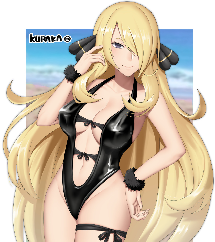 1girl absurdres artist_name bare_hips black_eyes black_ribbon black_swimsuit blonde_hair blurry blurry_background blush breasts casual_one-piece_swimsuit center_opening cleavage closed_mouth collarbone commentary_request cowboy_shot depth_of_field groin hair_ornament hair_over_one_eye hand_on_hip highleg highleg_swimsuit highres kuraka large_breasts latex long_hair looking_at_viewer navel one-piece_swimsuit outside_border pokemon pokemon_(game) pokemon_dppt ribbon shirona_(pokemon) smile solo swimsuit thigh_ribbon very_long_hair wrist_cuffs