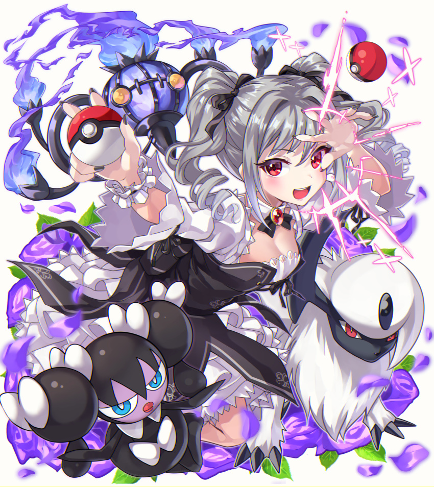1girl :d absol arms_up bangs black_dress black_nails black_ribbon blue_eyes blush breasts brooch chandelure cleavage commentary_request crossover detached_collar dress drill_hair fingernails fire flower gem gen_3_pokemon gen_5_pokemon gothorita hair_ribbon highres holding holding_poke_ball idolmaster idolmaster_cinderella_girls jewelry kanzaki_ranko long_fingernails long_sleeves nail_polish open_mouth petals poke_ball poke_ball_(generic) pokemon pokemon_(creature) purple_fire purple_flower purple_rose red_eyes ribbon rose ruby_(gemstone) siblings small_breasts smile tdnd-96 twins twintails wrist_cuffs