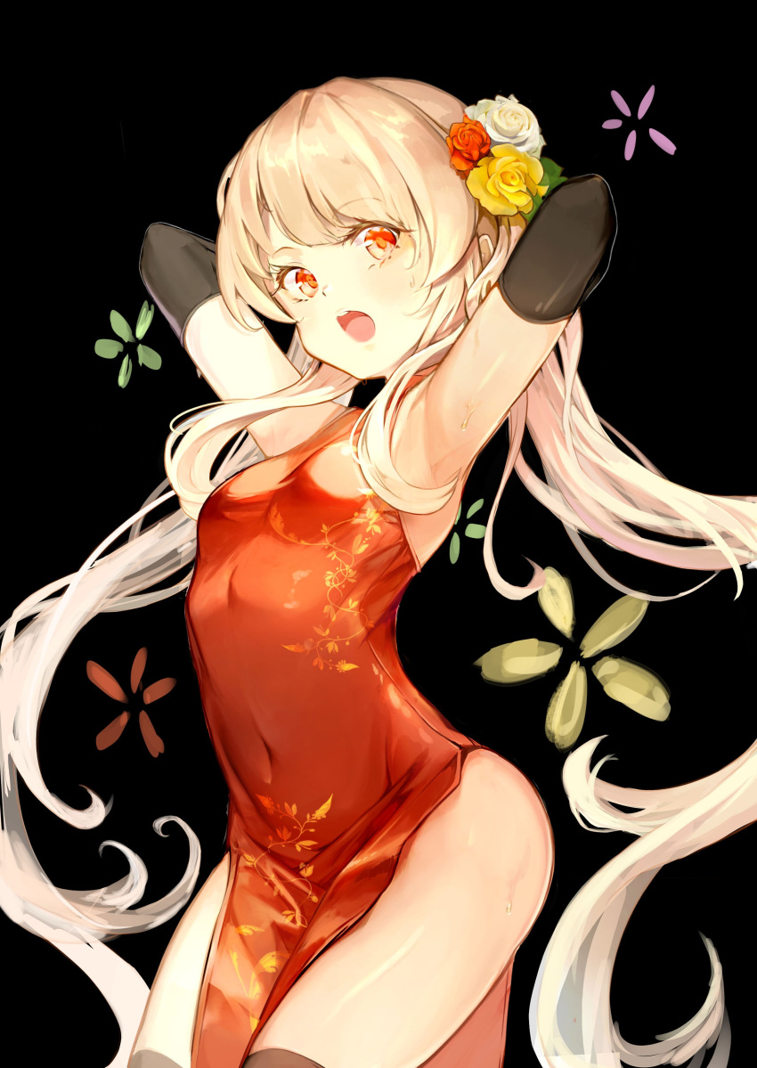 1girl absurdres armpits arms_up black_background black_gloves black_legwear blonde_hair breasts china_dress chinese_clothes covered_navel cowboy_shot dress elbow_gloves floral_background flower gloves hair_flower hair_ornament highres hon_(neo2462) long_hair looking_at_viewer open_mouth red_dress red_eyes red_flower red_rose rose simple_background small_breasts solo sweat thighhighs twintails very_long_hair white_flower white_rose yellow_flower yellow_rose