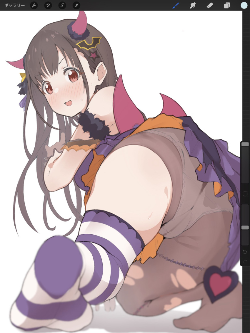 1girl ass bangs bare_shoulders bat_hair_ornament blush breasts brown_eyes brown_hair brown_legwear demon_horns demon_tail demon_wings dress hair_ornament halloween_costume highres horns idolmaster idolmaster_shiny_colors large_breasts long_hair looking_at_viewer looking_back misekai_555 mismatched_legwear open_mouth panties panties_under_pantyhose pantyhose purple_dress purple_legwear simple_background single_thighhigh solo sonoda_chiyoko striped striped_legwear tail thighhighs thighs torn_clothes torn_legwear underwear white_background white_panties wings