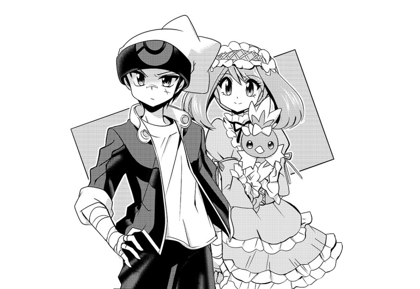 1boy 1girl ayateaori bandaged_arm bandages bird commentary_request couple creature dress gen_3_pokemon greyscale hand_on_hip hat hetero holding holding_bird holding_pokemon medium_hair monochrome odamaki_sapphire pokemon pokemon_(creature) pokemon_special ruby_(pokemon) serious smile torchic