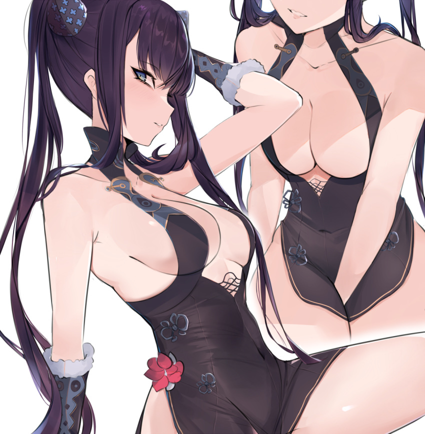 1girl bangs bare_shoulders black_dress blue_eyes blunt_bangs blush breasts center_opening china_dress chinese_clothes cleavage covered_navel detached_sleeves dress fate/grand_order fate_(series) hair_ornament highres large_breasts long_hair looking_at_viewer multiple_views oni_noodle parted_lips purple_hair sideboob sidelocks simple_background thighs twintails very_long_hair white_background yang_guifei_(fate/grand_order)