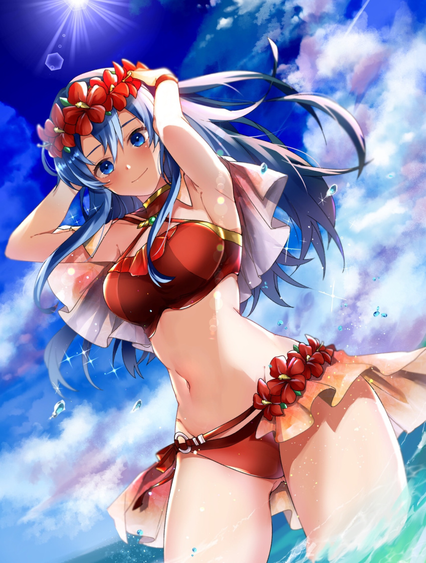 1girl armpits arms_up ass_visible_through_thighs bangs bare_shoulders beach bikini blue_eyes blue_hair breasts capelet closed_mouth cowboy_shot day dutch_angle fire_emblem fire_emblem:_the_binding_blade fire_emblem_heroes flower flower_wreath hair_flower hair_ornament head_wreath hibiscus highres lens_flare lilina_(fire_emblem) long_hair looking_at_viewer medium_breasts navel nekolook ocean outdoors red_bikinoi red_flower sky smile solo sparkle stomach sun sunlight swimsuit waist_cape water