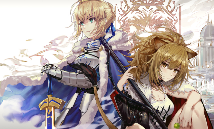 animal_ears arknights armor artoria_pendragon_(all) blonde_hair breasts brown_eyes candy cape cleavage crossover csyko fate/grand_order fate_(series) green_eyes lollipop ponytail saber short_hair siege_(arknights) sword tail weapon