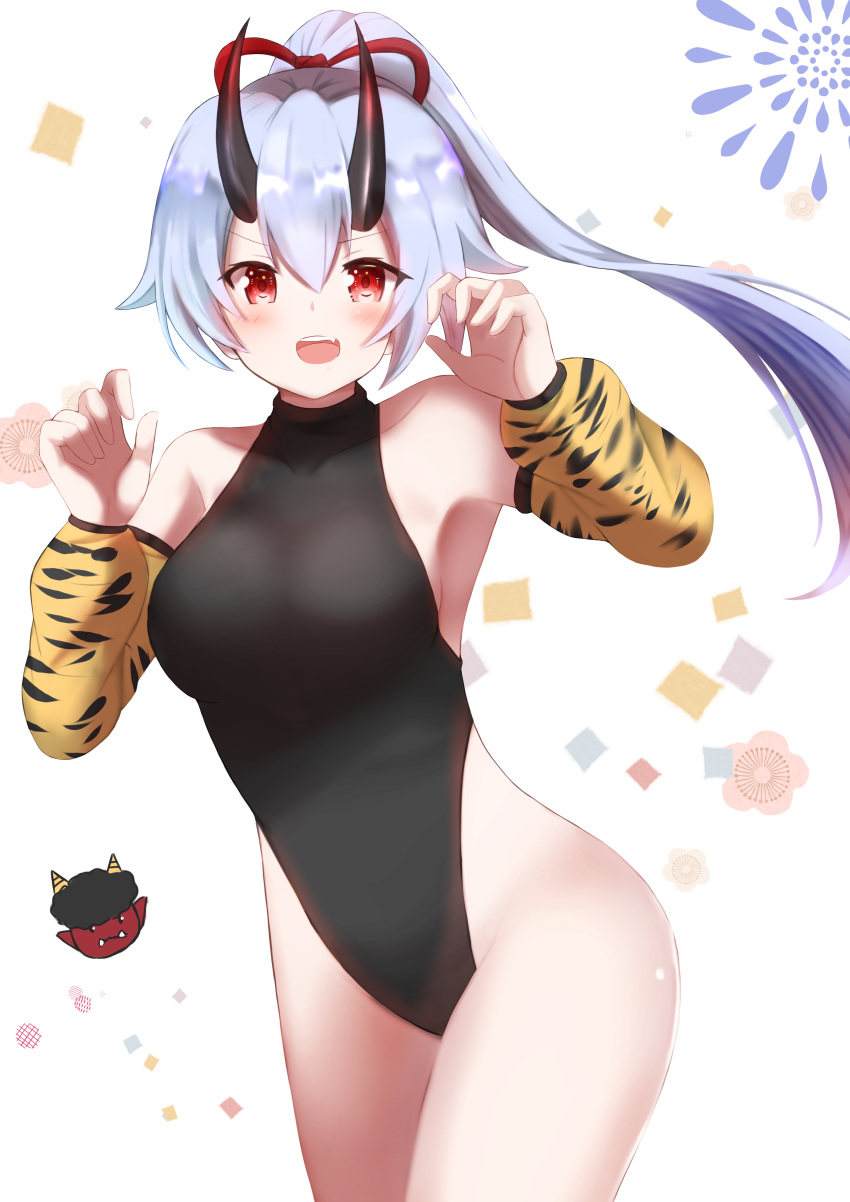 1girl :d absurdres armpits bare_shoulders black_leotard blue_hair blush collarbone commentary_request covered_collarbone cowboy_shot detached_sleeves fang fate/grand_order fate_(series) hair_ribbon high_ponytail highres horns leotard long_hair long_sleeves looking_at_viewer oni oni_horns open_mouth ponytail puffy_long_sleeves puffy_sleeves red_eyes red_ribbon ribbon shibakame sidelocks simple_background smile solo tomoe_gozen_(fate/grand_order) upper_teeth very_long_hair white_background yellow_sleeves