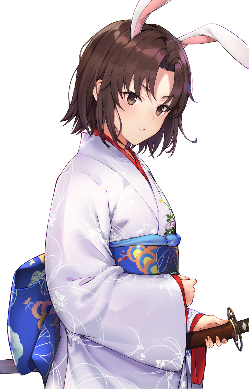 1girl absurdres animal_ears bangs black_cola blue_bow blush bow brown_eyes brown_hair bunny_ears closed_mouth commentary_request eyebrows_visible_through_hair fate/grand_order fate_(series) grey_kimono highres holding holding_sheath japanese_clothes katana kemonomimi_mode kimono long_sleeves obi parted_bangs ryougi_shiki sash sheath sheathed simple_background sleeves_past_wrists solo sword v-shaped_eyebrows weapon white_background wide_sleeves