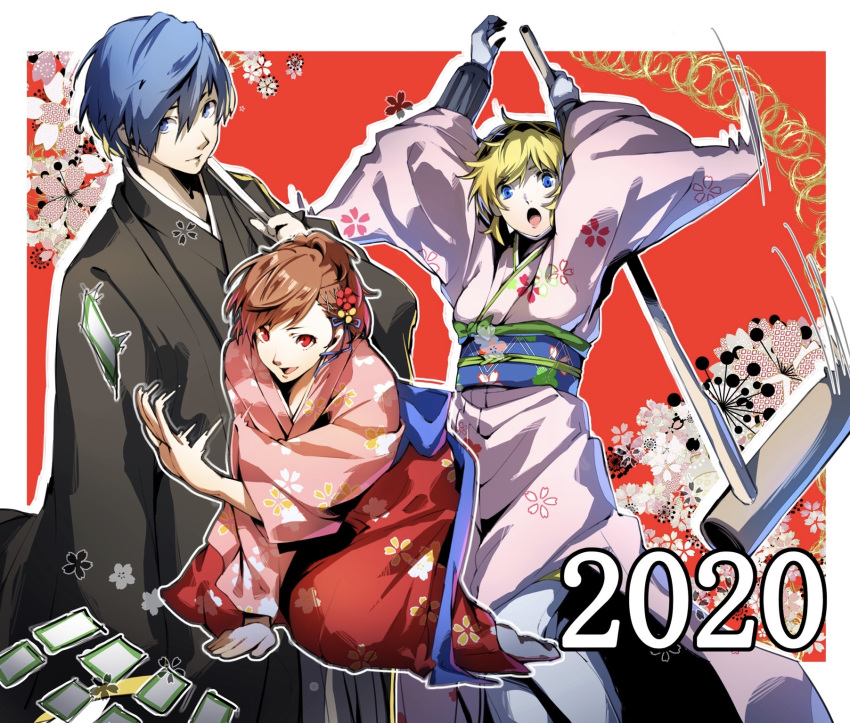 1boy aegis_(persona) blue_eyes blue_hair breasts brown_hair closed_mouth female_protagonist_(persona_3) hair_ornament hairclip highres japanese_clothes kimono looking_at_viewer multiple_girls nakano_maru persona persona_3 persona_3_portable red_eyes short_hair smile yuuki_makoto