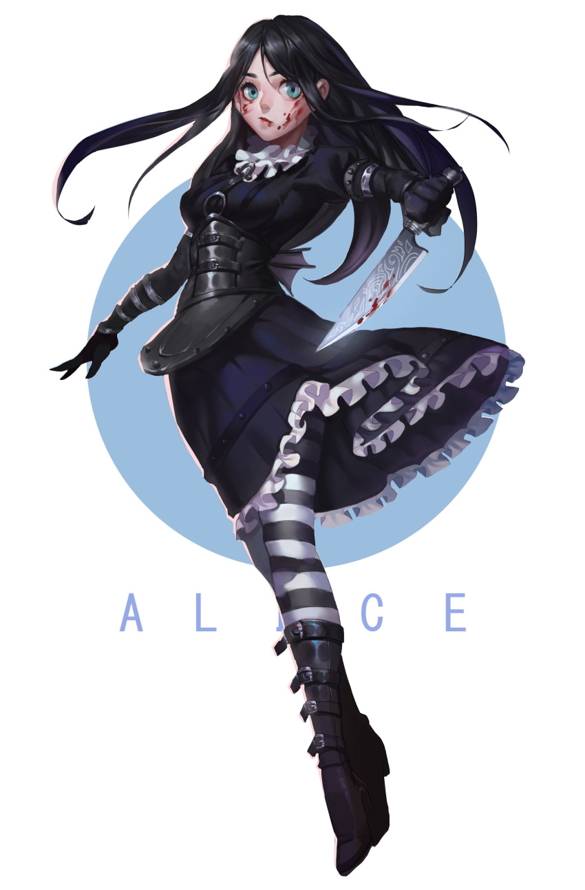 1girl absurdres alice:_madness_returns alice_(wonderland) american_mcgee's_alice black_hair blood blue_eyes boots breasts closed_mouth commentary_request dress gloves highres jupiter_symbol knife long_hair looking_at_viewer mo_xiao pantyhose simple_background solo striped striped_legwear weapon