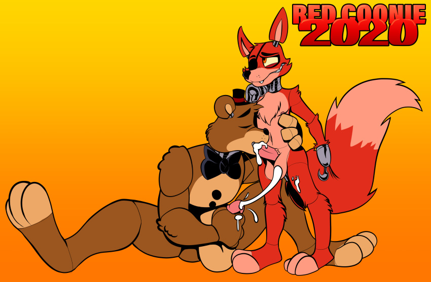 2020 3_toes animatronic anthro balls barefoot biped bodily_fluids brown_body brown_fur canid canine clothing cum digital_drawing_(artwork) digital_media_(artwork) duo erection fellatio fingers five_nights_at_freddy's fox foxy_(fnaf) freddy_(fnaf) fur genital_fluids genitals hat headgear headwear hi_res humanoid_hands humanoid_penis machine male male/male mammal masturbation nipples nude oral overweight overweight_male penetration penile penis redcoonie robot sex simple_background smile standing teeth toes tuft ursid video_games