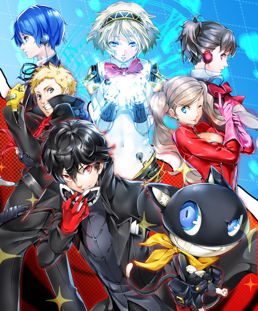 aegis_(persona) alternate_hair_color amamiya_ren android blonde_hair blue_eyes breasts character_request cleavage closed_mouth female_protagonist_(persona_3) headphones highres long_hair looking_at_viewer multiple_boys multiple_girls nakano_maru persona persona_3 persona_5 red_eyes robot_joints short_hair smile takamaki_anne yuuki_makoto
