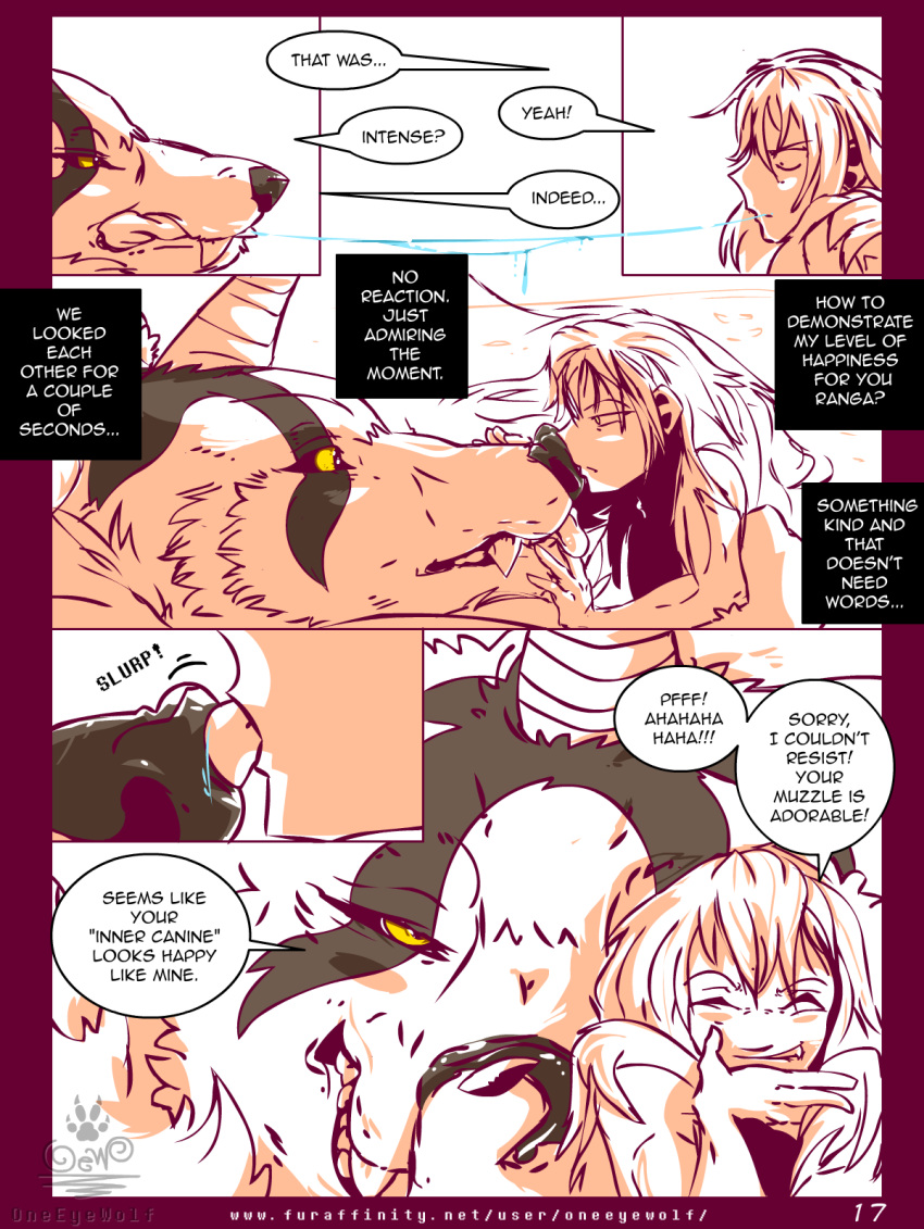 anime anthro big_dom_small_sub bodily_fluids canid canine canis comic english_text flirting genitals hi_res hug human human_on_anthro interspecies kissing licking male male/male mammal manga muscular nude oneeyewolf_(artist) ranga rimuru_tempest romantic_ambiance saliva size_difference small_dom_big_sub tempest_wolf text that_time_i_got_reincarnated_as_a_slime tongue tongue_out url webcomic wolf