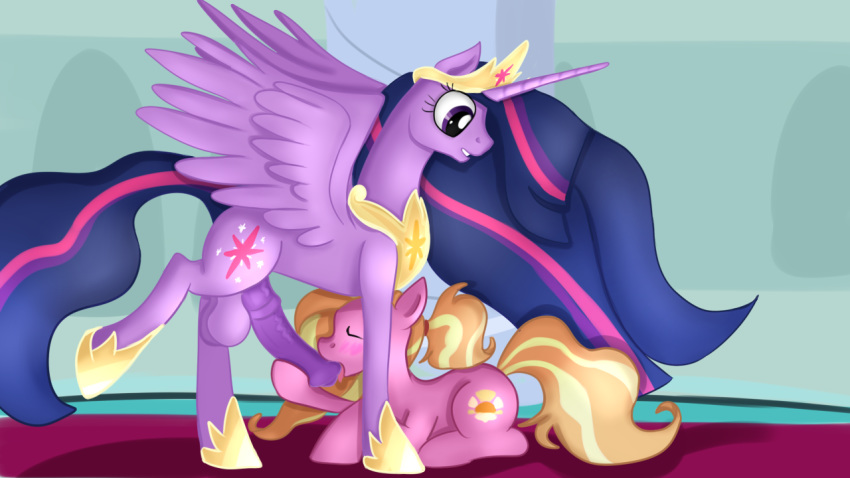 16:9 balls equid friendship_is_magic genitals horn intersex jbond luster_dawn mammal my_little_pony oral penis regalia twilight_sparkle_(mlp) unicorn winged_unicorn wings