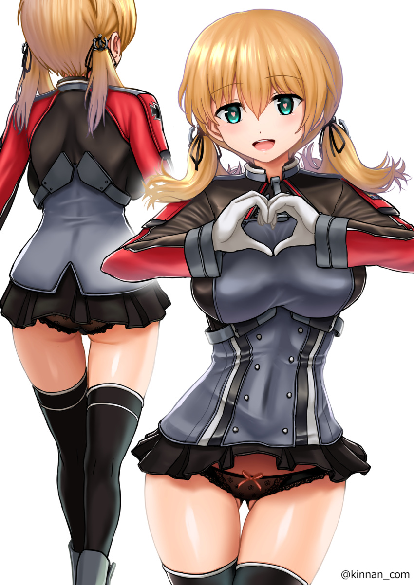 1girl :d aqua_eyes black_legwear black_panties black_skirt blonde_hair eyebrows_visible_through_hair gloves hair_between_eyes heart heart-shaped_pupils heart_hands highres kantai_collection kinnan long_hair long_sleeves low_twintails microskirt military military_uniform multiple_views open_mouth panties pleated_skirt prinz_eugen_(kantai_collection) revision simple_background skirt smile symbol-shaped_pupils thighhighs twintails twitter_username underwear uniform white_background white_gloves