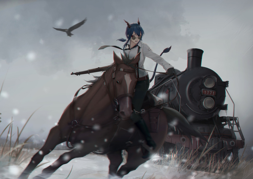 1girl absurdres arknights bird black_gloves black_pants blue_hair ch'en_(arknights) chinese_commentary cjmy commentary_request gloves grass grey_sky ground_vehicle gun highres holding holding_gun holding_weapon horns horse horseback_riding locomotive long_hair low_ponytail necktie open_mouth outdoors pants ponytail red_eyes riding rifle shirt sidelocks snow solo steam_locomotive sunglasses train weapon white_shirt