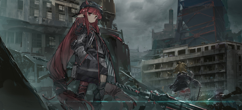 2girls arknights bangs black_jacket cityscape cloud cloudy_sky construction_site dress_shirt elbow_pads gleam grey_sky hat highres horns jacket looking_at_viewer multiple_girls necktie open_clothes open_jacket ph. pointy_ears polearm red_eyes red_hair ruins shirt shorts shoulder_pads siege_(arknights) sky spear standing thighhighs tower twintails vigna_(arknights) weapon