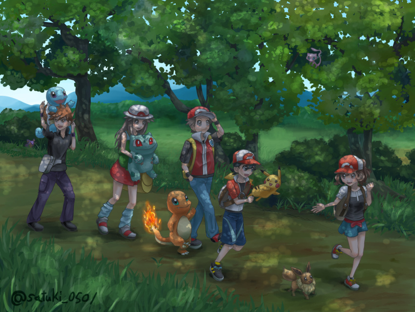 2girls 3boys :d ayumi_(pokemon) backpack bag baseball_cap black_footwear black_hair blue_(pokemon) blue_eyes blue_sky brown_eyes brown_hair bulbasaur bush charmander claws commentary_request creature day eevee fiery_tail fire flame flat_chest gen_1_pokemon grass happy hat highres holding holding_pokemon jumping kakeru_(pokemon) legendary_pokemon long_hair mew miniskirt mountain multiple_boys multiple_girls nature ookido_green open_mouth pants pikachu pokemon pokemon_(creature) pokemon_(game) pokemon_frlg pokemon_lgpe pokemon_on_shoulder purple_pants red_(pokemon) red_eyes red_headwear red_skirt road satsuki_(pixiv44579273) shoes signature skirt sky smile spiked_hair squirtle tail tree vs_seeker walking