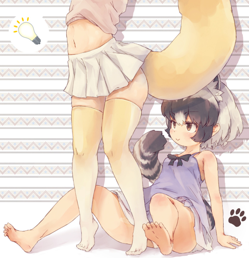 2girls :&gt; adapted_costume animal_ear_fluff animal_ears bangs bare_arms bare_legs bare_shoulders barefoot black_hair brown_eyes commentary_request common_raccoon_(kemono_friends) extra_ears eyebrows_visible_through_hair fennec_(kemono_friends) grey_hair hair_between_eyes head_out_of_frame highres implied_pantyshot kemono_friends kolshica light_bulb midriff multicolored_hair multiple_girls navel panties pantyshot pleated_skirt raccoon_ears raccoon_tail short_hair sitting skirt smile soles spaghetti_strap standing tail thighhighs tiptoes two-tone_hair underwear white_panties white_skirt yellow_legwear