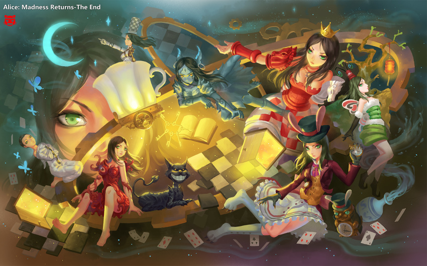 1boy 1girl alice:_madness_returns alice_(wonderland) alice_in_wonderland alice_liddell black_hair blood breasts cheshire_cat closed_mouth dress feet gloves green_eyes highres long_hair looking_at_viewer multiple_persona short_hair shui_qian_he_kafei very_short_hair