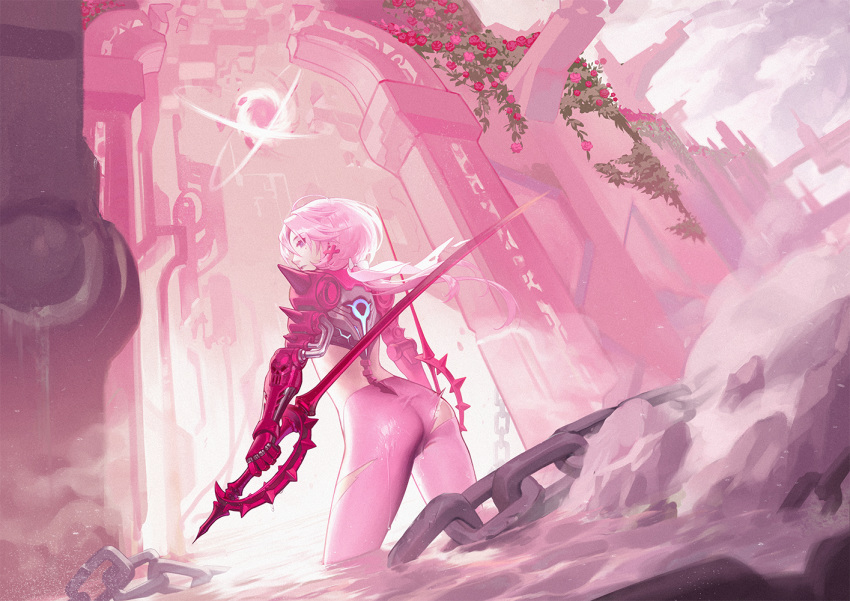 1girl bow chain cloud cloudy_sky dual_wielding earrings flower holding holding_sword holding_weapon jewelry long_hair looking_back mole mole_under_eye original parted_lips partially_submerged pink_bow pink_hair plant ponytail rose ruins sdr1989 single_earring sky sword vines water weapon wet