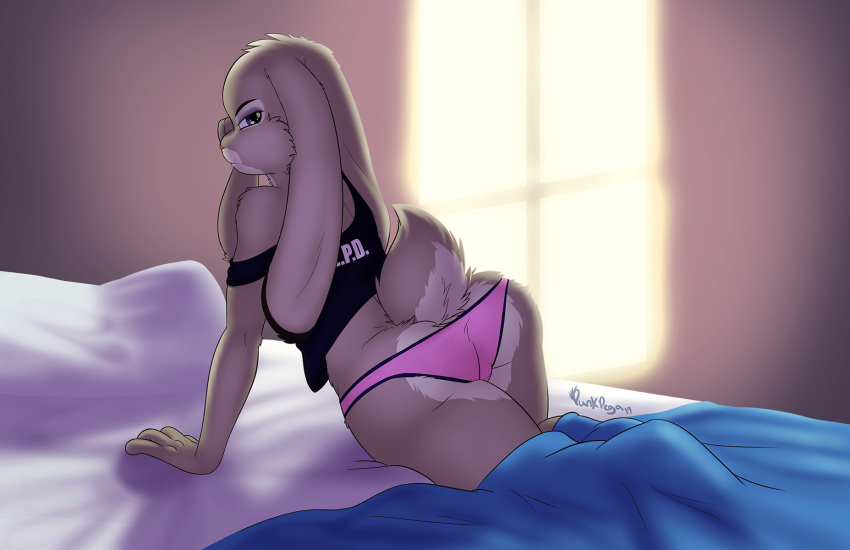 2019 anthro bed big_butt butt clothing digital_media_(artwork) disney female fur furniture grey_body grey_fur hi_res judy_hopps lagomorph leporid looking_back mammal multicolored_body multicolored_fur panties punk-pegasus rabbit solo two_tone_body two_tone_fur underwear waking_up zootopia