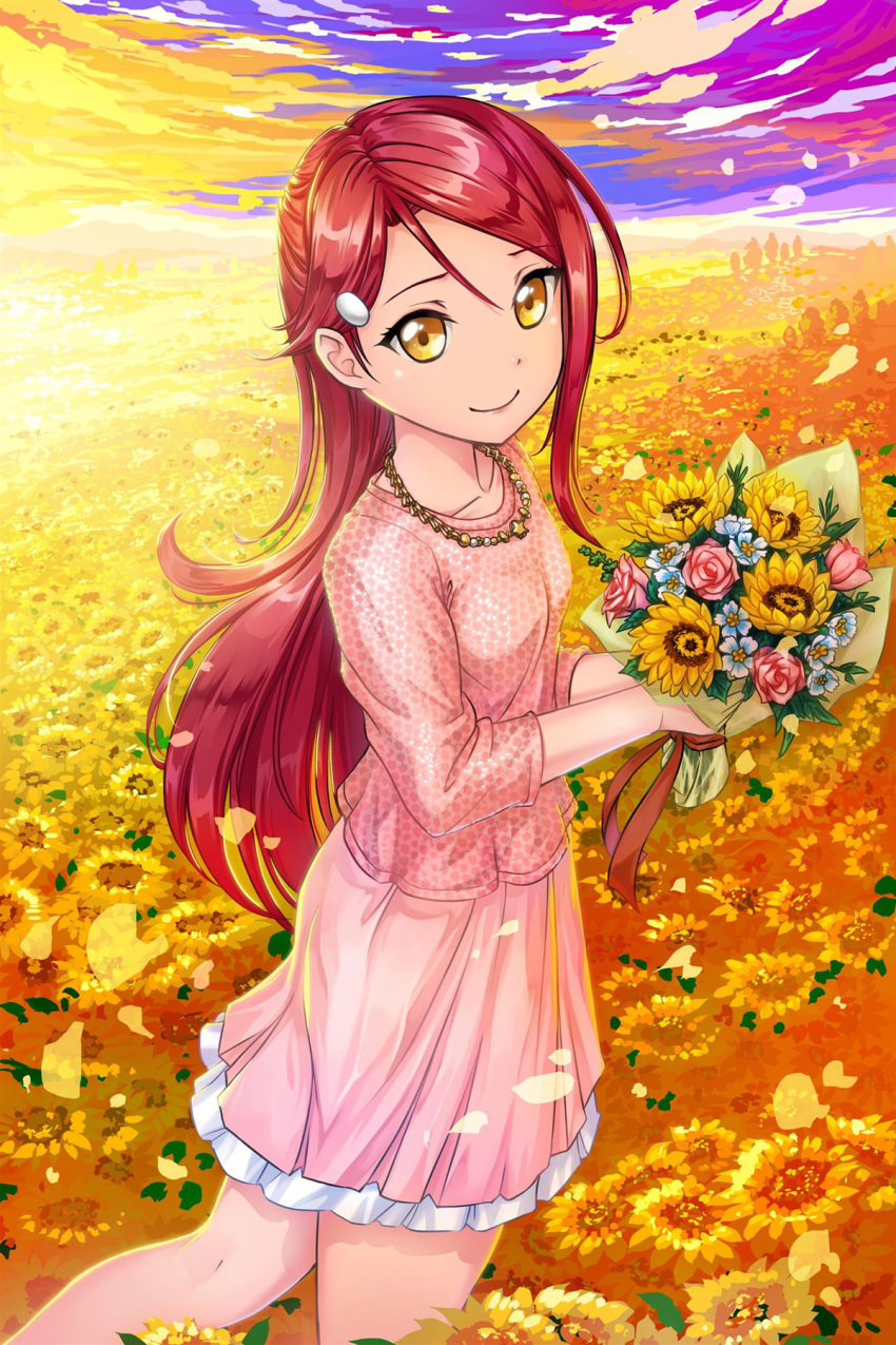 1girl bangs blue_flower bouquet closed_mouth crazypen day field flower flower_field hair_ornament hairclip highres holding holding_bouquet layered_skirt long_hair long_sleeves looking_at_viewer love_live! love_live!_sunshine!! miniskirt outdoors petals pink_flower pink_shirt pink_skirt red_hair sakurauchi_riko shiny shiny_hair shirt skirt smile solo standing swept_bangs very_long_hair yellow_eyes yellow_flower