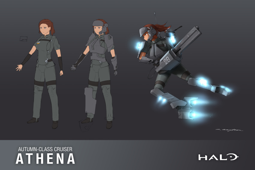 1girl absurdres arm_warmers armor blue_eyes breasts brown_hair character_sheet commission copyright_name dark_skin full_body grey_background greythorn032 halo_(game) highres looking_away mecha_musume medium_breasts military military_uniform original personification ponytail railgun shoulder_cannon signature standing thrusters turret uniform weapon