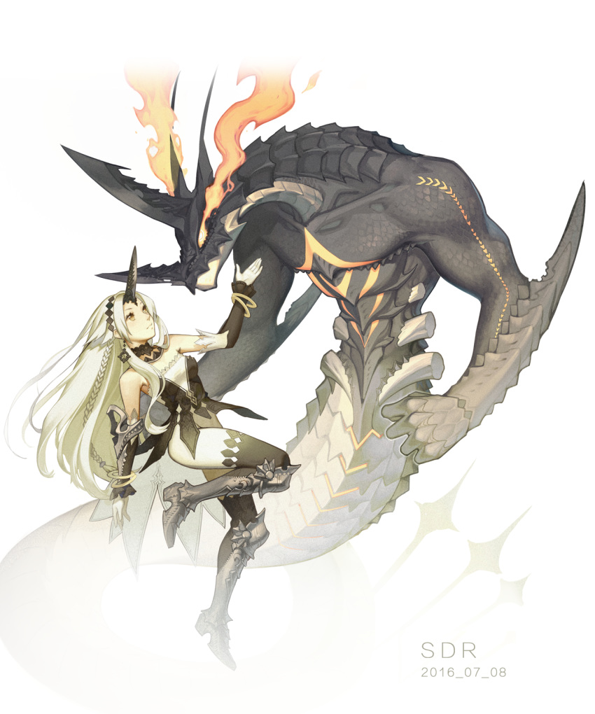 1girl armor bare_shoulders blonde_hair braid closed_eyes closed_mouth dragon fire gloves glowing glowing_eyes greaves highres horn light_blush long_hair original platinum_blonde_hair scales sdr1989 thighhighs vambraces yellow_eyes