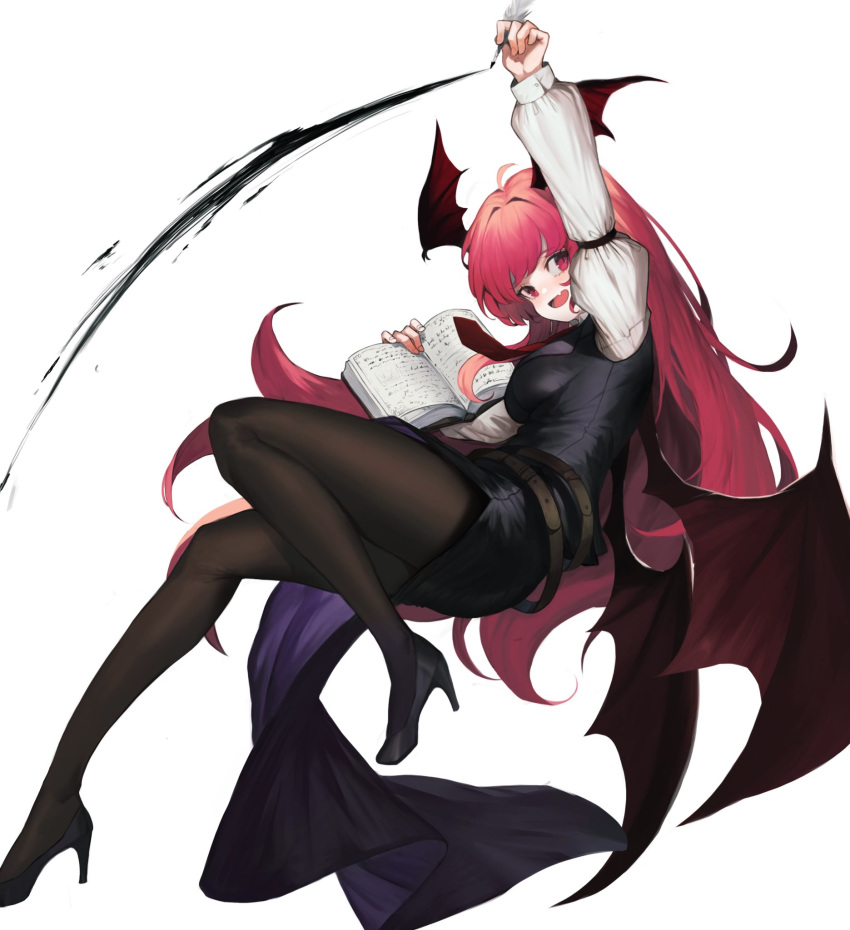 1girl :d ahoge arm_up bangs belt black_dress black_footwear black_legwear book breasts commentary demon_wings dress fang feathers head_tilt head_wings heoningu high_heels highres holding holding_book holding_feather juliet_sleeves koakuma long_hair long_sleeves looking_at_viewer medium_breasts necktie open_mouth pantyhose puffy_sleeves red_eyes red_hair red_neckwear shirt short_dress side_slit simple_background smile solo symbol_commentary thighs touhou very_long_hair white_background white_shirt wings