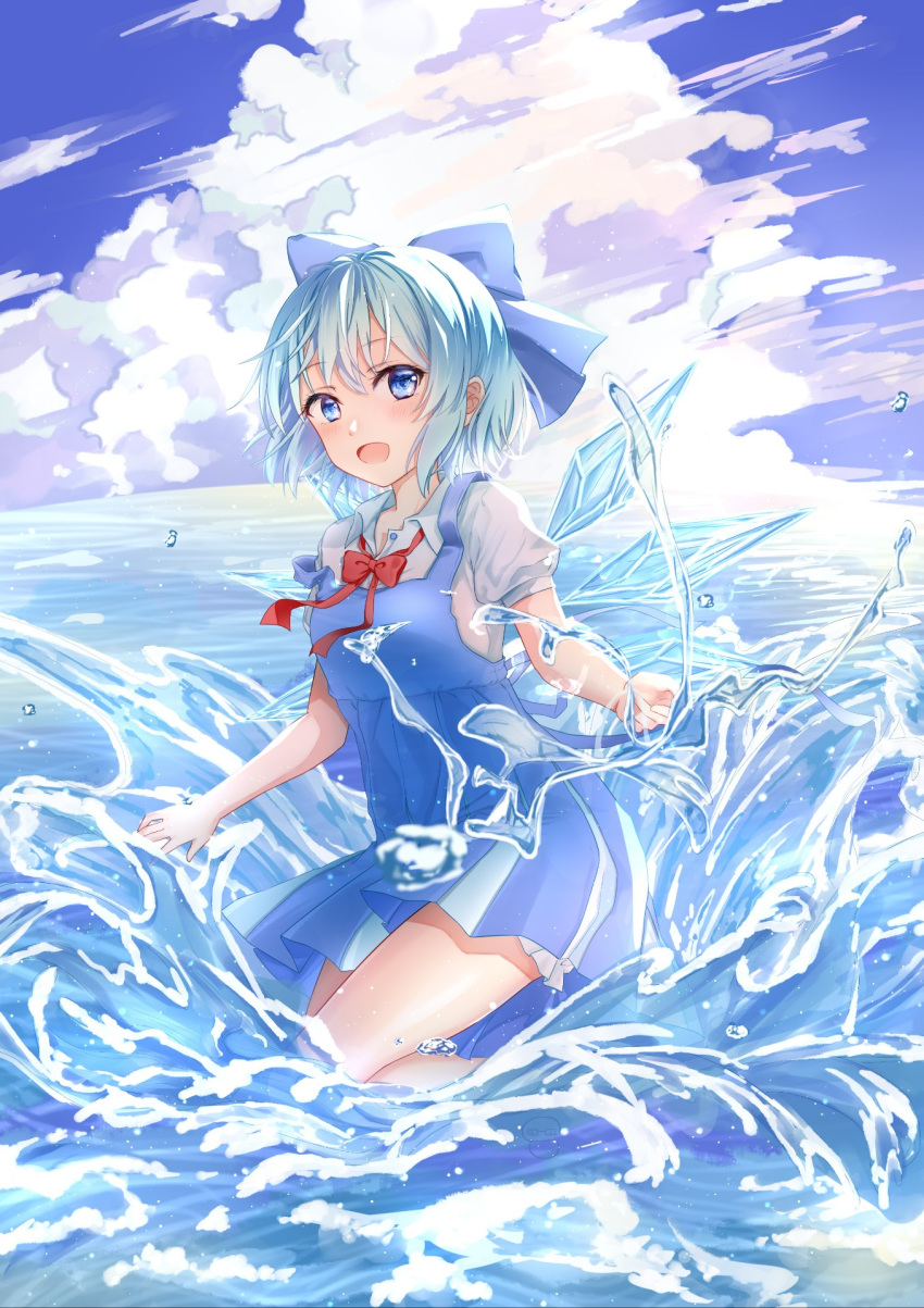 1girl bangs blue_bow blue_dress blue_eyes blue_hair blue_sky blush bow bowtie breasts cirno cloud day dress eyebrows_visible_through_hair hair_between_eyes hair_bow hei_kuang_jun highres ice ice_wings looking_at_viewer open_mouth outdoors pinafore_dress puffy_short_sleeves puffy_sleeves red_bow red_neckwear shirt short_dress short_hair short_sleeves sky small_breasts solo thighs touhou water white_shirt wings