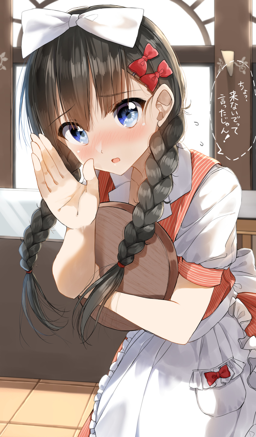 1girl absurdres apron bangs black_hair blue_eyes blush bow braid collarbone collared_shirt commentary_request dress eyebrows_visible_through_hair flying_sweatdrops frilled_apron frills hair_bow hair_over_shoulder hand_to_own_mouth hand_up highres indoors long_hair looking_at_viewer nose_blush object_hug open_mouth orange_dress original pentagon_(railgun_ky1206) red_bow shirt short_sleeves sleeveless sleeveless_dress solo tile_floor tiles translated tray twin_braids twintails uniform waist_apron waitress white_apron white_bow white_shirt