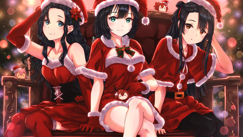 3girls :&gt; ^_^ absurdres akamine_yuuna antlers aqua_eyes belt black_hair blue_eyes blush breasts brown_eyes capelet chair closed_eyes collarbone commentary corset dress english_commentary flower fur_trim gloves hair_between_eyes hair_flower hair_ornament hat highres itaro koori_chikage large_breasts lens_flare long_hair looking_at_viewer miroku_renge multiple_girls nogi_wakaba_wa_yuusha_de_aru parted_lips pink_hair red_dress red_gloves red_hair red_headwear red_legwear reindeer_antlers santa_costume santa_hat short_ponytail side_ponytail sitting smile spaghetti_strap takashima_yuuna thighhighs tougou_mimori very_long_hair yuuki_yuuna yuuki_yuuna_wa_yuusha_de_aru yuuki_yuuna_wa_yuusha_de_aru:_hanayui_no_kirameki yuusha_de_aru ||_||