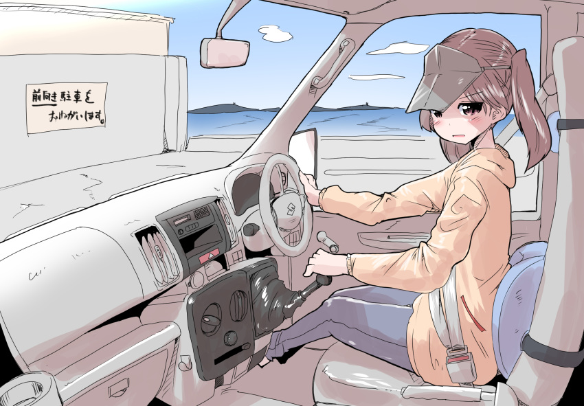 1girl alternate_costume bangs blush brown_eyes brown_hair cloud day driving futaba_suetsuki ground_vehicle hat highres hood hoodie interior jacket kantai_collection long_sleeves motor_vehicle open_mouth pants ryuujou_(kantai_collection) seatbelt sitting sky solo translation_request truck twintails visor_cap wheel