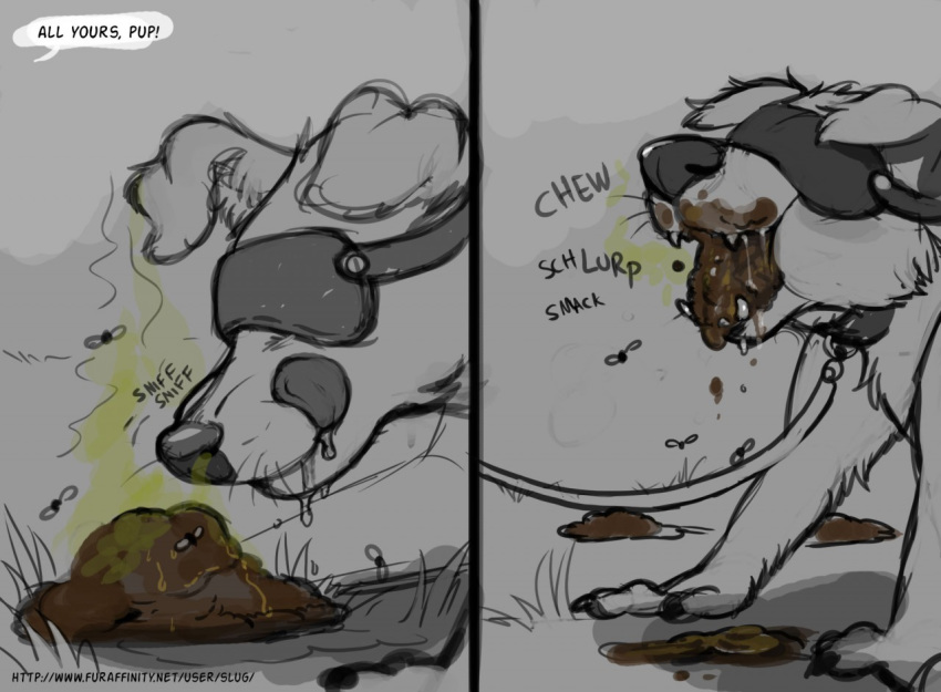 canid canine canis dialogue digital_media_(artwork) domestic_dog eating_feces english_text feces front_view fur mammal multiple_scenes scat sluggylococcus solo speech_bubble text url