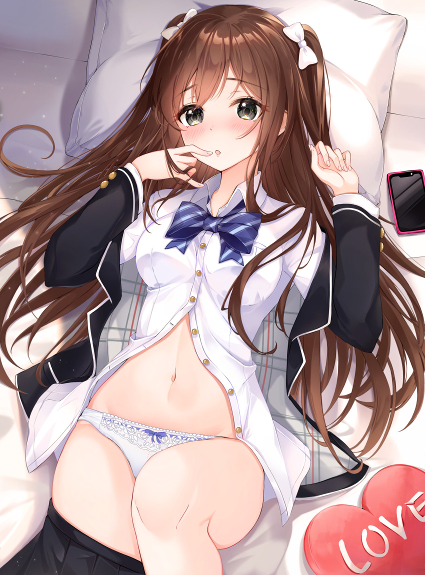 1girl absurdres black_eyes black_jacket black_skirt blazer bow bowtie breasts brown_hair buttons cellphone collared_shirt hair_bow hands_up highres jacket knee_up lebring long_hair looking_at_viewer lying medium_breasts navel on_back open_clothes open_jacket original panties parted_lips partially_unbuttoned phone pillow pleated_skirt shirt skirt smartphone solo stomach two_side_up underwear white_panties white_shirt