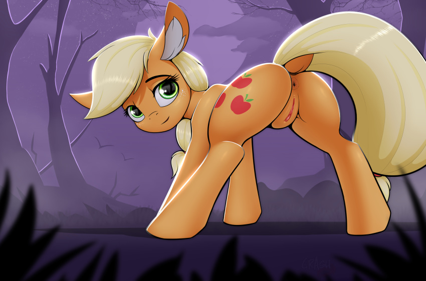 2020 absurd_res anus applejack_(mlp) butt crashgall cutie_mark digital_media_(artwork) dock earth_pony equid equine eyelashes female feral freckles friendship_is_magic full_moon genitals hi_res horse looking_at_viewer mammal moon my_little_pony outside pony pussy solo