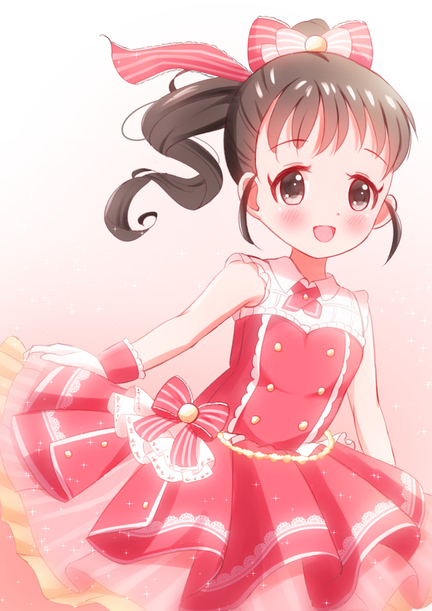 1girl :d black_eyes black_hair blush bow dress dress_bow fukuyama_mai gloves hair_bow highres idolmaster idolmaster_cinderella_girls idolmaster_cinderella_girls_starlight_stage open_mouth pink_background pink_bow pink_dress ponytail shisight smile solo standing white_gloves