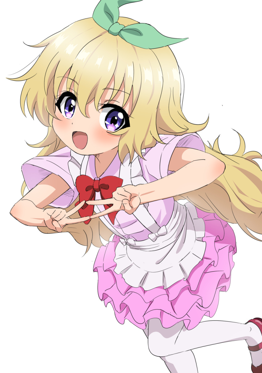 1girl :d apron blonde_hair bow bowtie close-up commentary double_v dress frilled_skirt frills hair_bow hasegawa_mii highres idol leg_up long_hair looking_at_viewer open_mouth pantyhose purple_eyes re:stage! shoes simple_background sketch skirt smile solo sparkling_eyes trg-_(sain) v white_background white_legwear