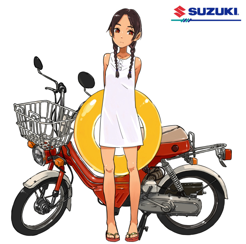 1girl abenobashi_mahou_shoutengai asahina_arumi braid brown_eyes brown_hair closed_mouth dress feet ground_vehicle highres long_hair looking_at_viewer motor_vehicle motorcycle shinn0512 simple_background solo suzuki tan twin_braids white_background