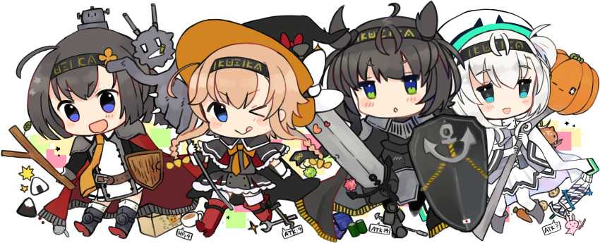 4girls :d ;&gt; akizuki_(kantai_collection) alternate_costume ammunition anchor_symbol armor bangs belt black_cape black_footwear black_gloves black_hair black_headband black_skirt blue_eyes blush bodysuit boots bow bowtie box breastplate broadsword bunny buttons cape cardboard_box carrot closed_mouth clothes_writing commentary_request corset costume crescent_moon cup double-breasted edel_(edelcat) eyebrows_visible_through_hair food frilled_skirt frills full_body gloves greaves green_eyes grey_footwear grey_neckwear hachimaki hair_between_eyes hair_flaps hair_ornament hat hat_bow hatsuzuki_(kantai_collection) headband headgear highres holding holding_staff holding_sword holding_weapon kantai_collection leaf light_brown_hair long_hair low_twintails mage miniskirt moon motion_lines multiple_girls neckerchief one_eye_closed one_side_up onigiri open_mouth orange_neckwear pleated_skirt ponytail propeller_hair_ornament pumpkin red_cape red_footwear shield short_hair silver_hair simple_background skirt smile sparkle staff star suzutsuki_(kantai_collection) sword teacup teruzuki_(kantai_collection) thighhighs tongue tongue_out tree_trunk turret twintails weapon white_background white_bodysuit white_bow white_cape white_gloves white_legwear white_skirt witch witch_hat